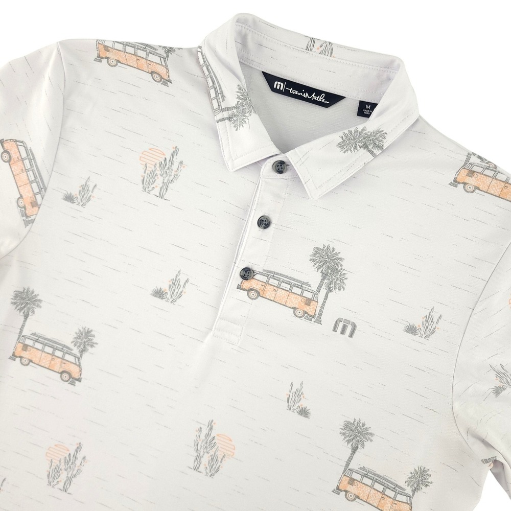 TravisMathew Polo Shirt Mens M White VW Bus Print Golf Performance Stretch Top